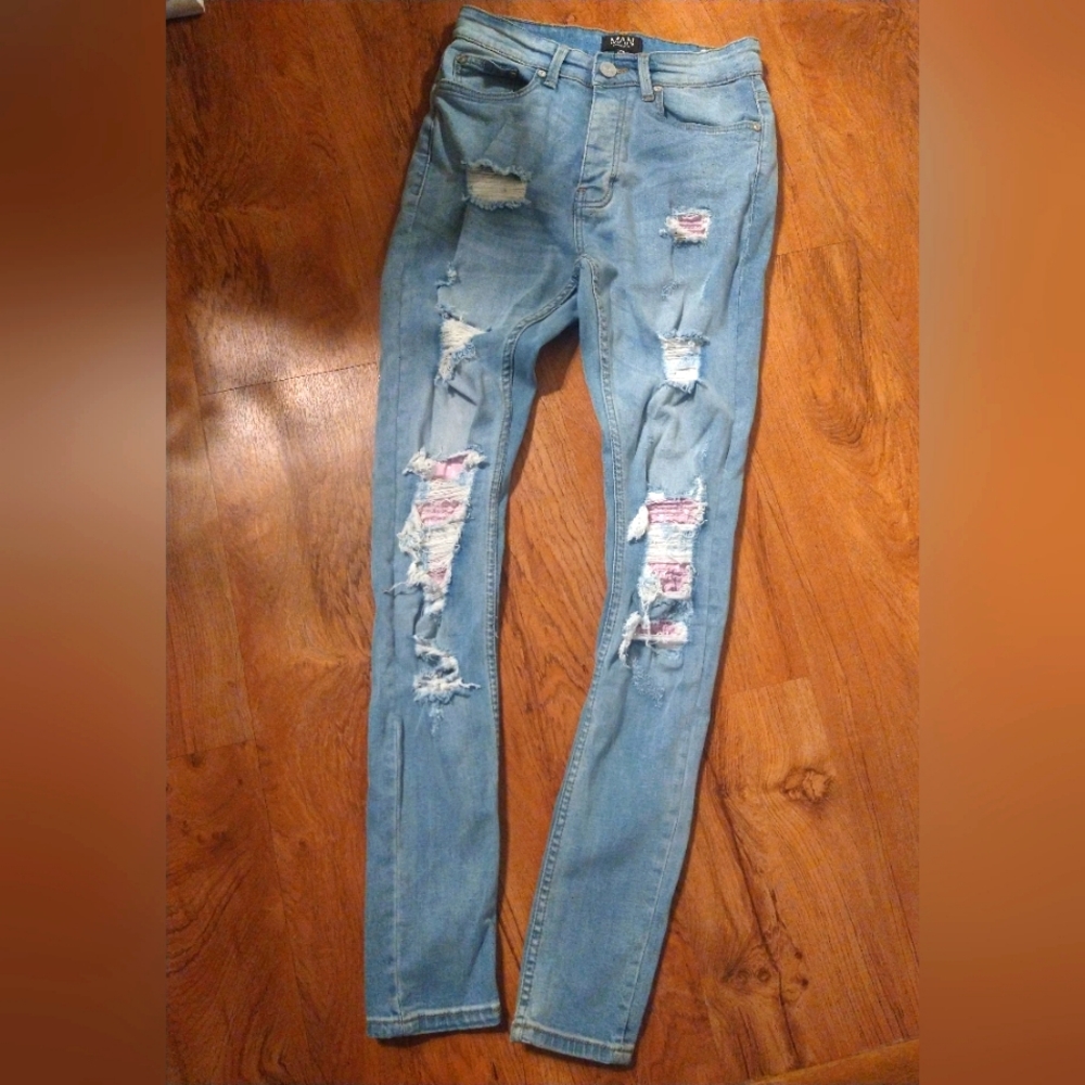 Fashion Nova 30 long Super Skinny Bandana Rip & Repair Jeans 👖 blue NEW✨